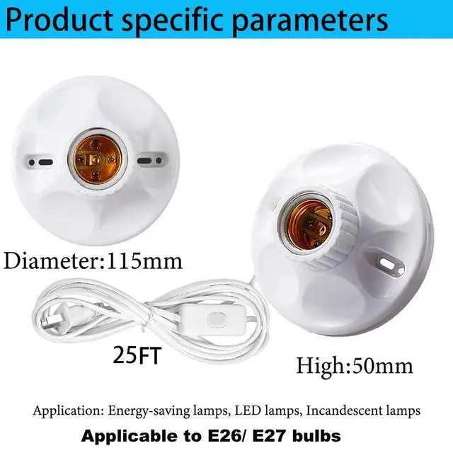 Alt view image 2 of 5 - 25ft Light Bulb Base with Cord E26/E27 Light Socket with On/Off Switch, 110V-250V Lamp Base for Light Socket with Cord, Light Bulb Socket with Plug-in Lamp Holder Base for Desktop,Include Screw