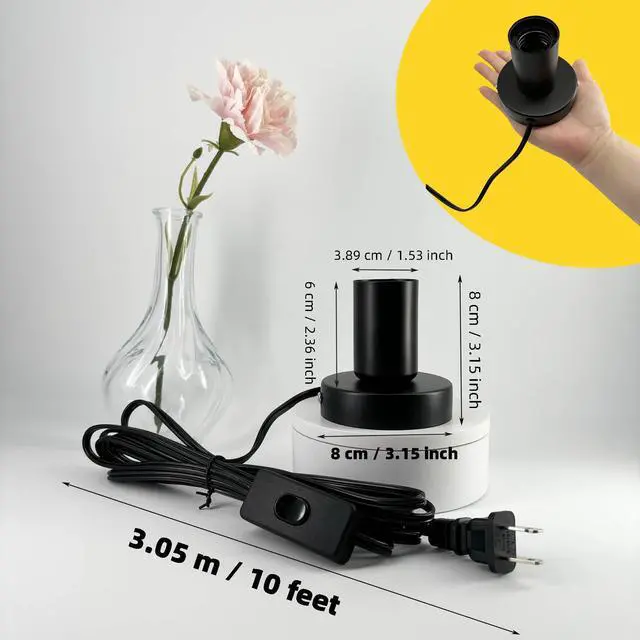 Alt view image 2 of 6 - Black Metal E26/E27 Screw Light Socket with 10FT Extension Cord, Hanging Light Cord for Garage,80MM Small Table Lamp Base Ceiling Bulb Holder, On/Off Switch US Plug in Wire (1 Pack)