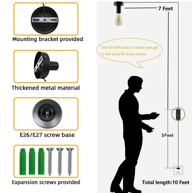 Alt view image 3 of 6 - Black Metal E26/E27 Screw Light Socket with 10FT Extension Cord, Hanging Light Cord for Garage,80MM Small Table Lamp Base Ceiling Bulb Holder, On/Off Switch US Plug in Wire (1 Pack)