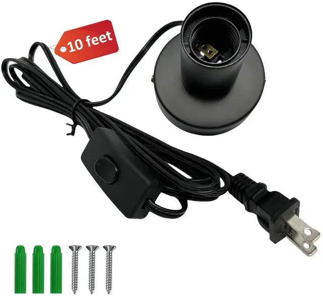 Main image of Black Metal E26/E27 Screw Light Socket with 10FT Extension Cord, Hanging Light Cord for Garage,80MM Small Table Lamp Base Ceiling Bulb Holder, On/Off Switch US Plug in Wire (1 Pack)