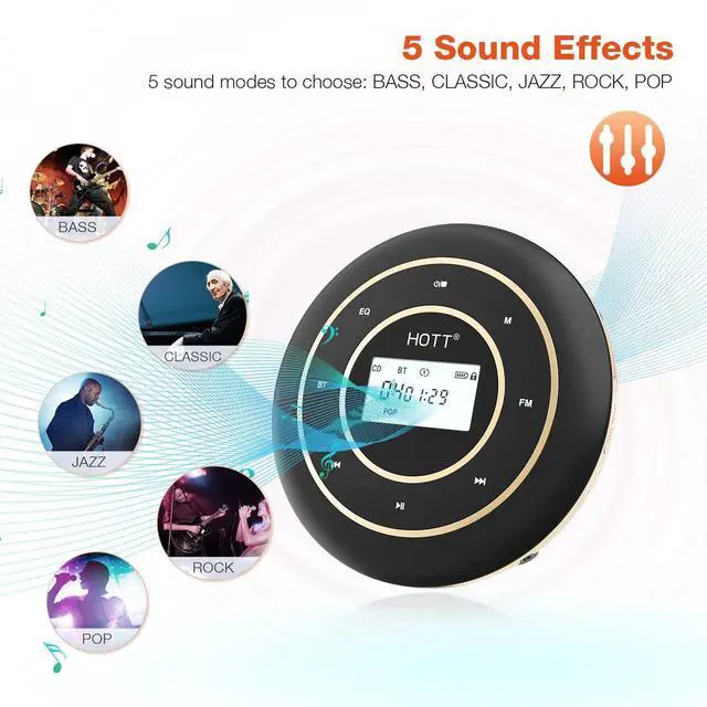 Alt view image 3 of 6 - HOTT C105 Portable CD Player FM Transmitter Rechargeable Compact CD Player with Touch Buttons Backlit Display Black