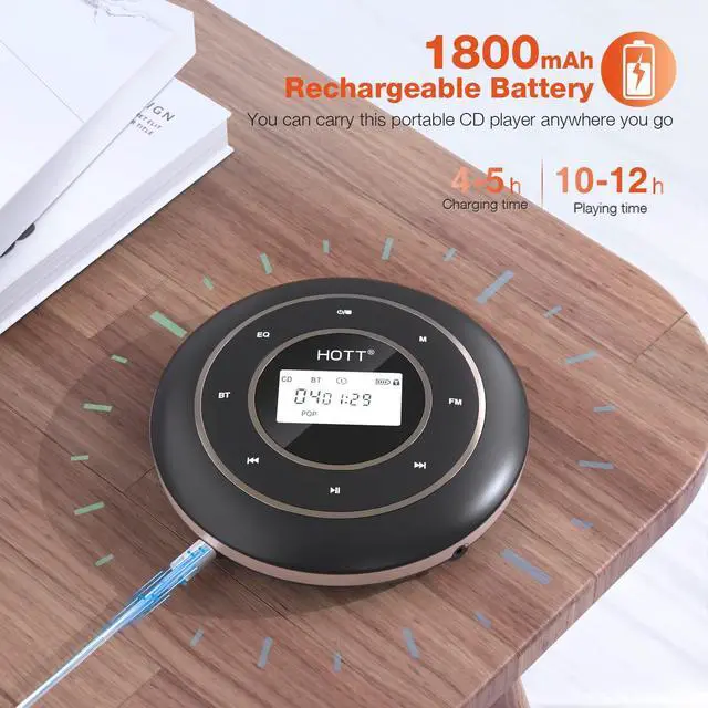 Alt view image 4 of 6 - HOTT C105 Portable CD Player FM Transmitter Rechargeable Compact CD Player with Touch Buttons Backlit Display Black