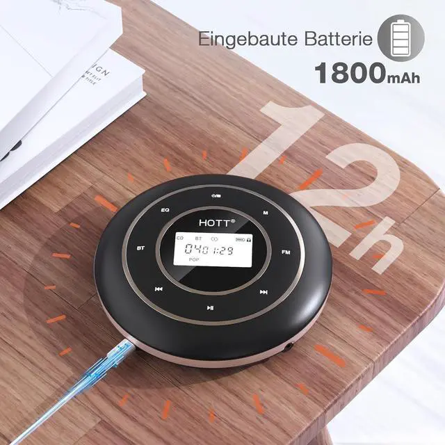 Alt view image 4 of 7 - HOTT C105 Portable CD Player FM Transmitter Rechargeable Compact CD Player with Touch Buttons Backlit Display Black
