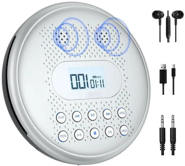 Main image of CD Player Portable, Rechargeable Portable Home CD Music Player for Car with Hi-Fi Speakers, Anti-Skip, Backlit Button, LCD Display and AUX Cable