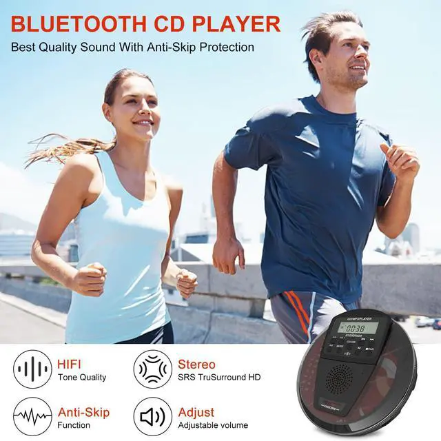 Alt view image 2 of 7 - Rechargeable CD Player Portable with Bluetooth,Compact Anti-Skip Shockproof Walkman CD Player with Earphone, Stereo Speakers&LCD Display for Car/Home/Travel (AUX Output)
