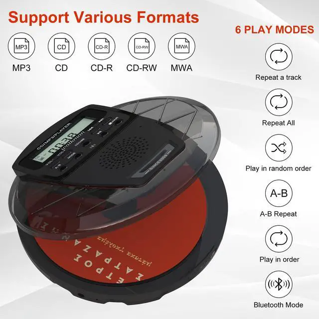 Alt view image 4 of 7 - Rechargeable CD Player Portable with Bluetooth,Compact Anti-Skip Shockproof Walkman CD Player with Earphone, Stereo Speakers&LCD Display for Car/Home/Travel (AUX Output)