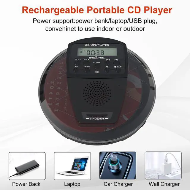 Alt view image 5 of 7 - Rechargeable CD Player Portable with Bluetooth,Compact Anti-Skip Shockproof Walkman CD Player with Earphone, Stereo Speakers&LCD Display for Car/Home/Travel (AUX Output)