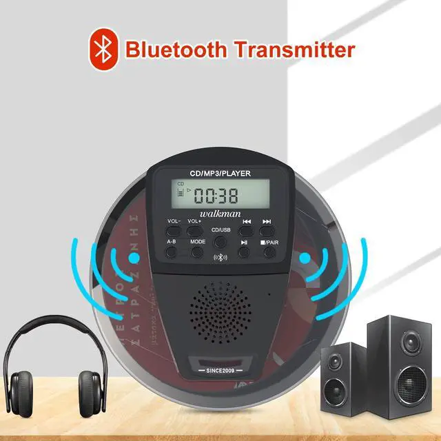 Alt view image 3 of 7 - Rechargeable CD Player Portable with Bluetooth,Compact Anti-Skip Shockproof Walkman CD Player with Earphone, Stereo Speakers&LCD Display for Car/Home/Travel (AUX Output)