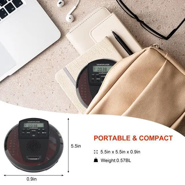 Alt view image 7 of 7 - Rechargeable CD Player Portable with Bluetooth,Compact Anti-Skip Shockproof Walkman CD Player with Earphone, Stereo Speakers&LCD Display for Car/Home/Travel (AUX Output)