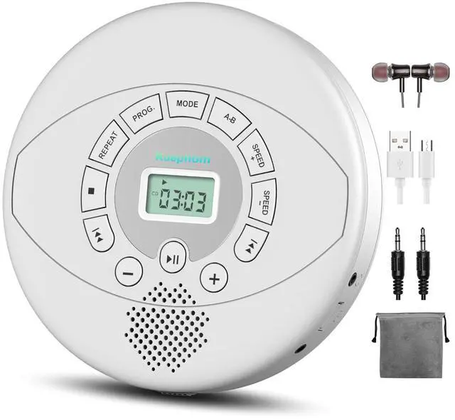 Main image of Portable CD Player with Built-in Speaker: Rechargeable Discman with Headphones - Anti-Skip for Car AUX,USB MP3 playable with Memory for Music/Audiobooks/Travel/Trip/Gift - White