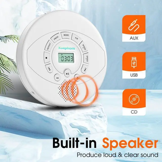 Alt view image 2 of 6 - Portable CD Player with Built-in Speaker: Rechargeable Discman with Headphones - Anti-Skip for Car AUX,USB MP3 playable with Memory for Music/Audiobooks/Travel/Trip/Gift - White