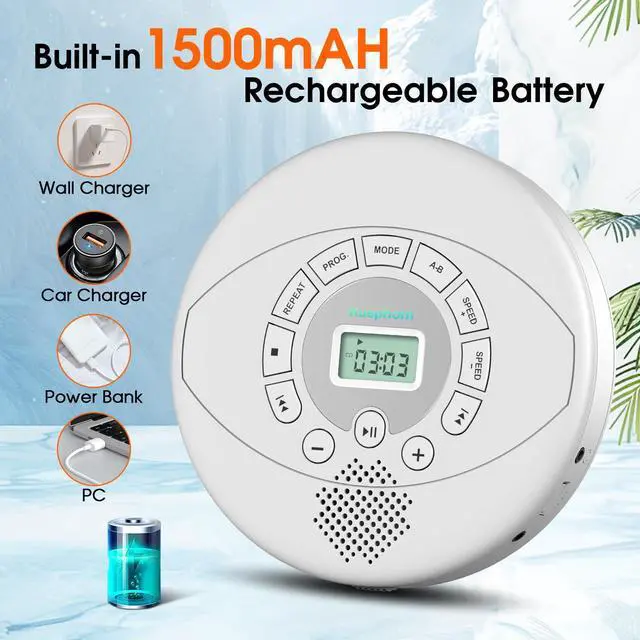 Alt view image 3 of 6 - Portable CD Player with Built-in Speaker: Rechargeable Discman with Headphones - Anti-Skip for Car AUX,USB MP3 playable with Memory for Music/Audiobooks/Travel/Trip/Gift - White