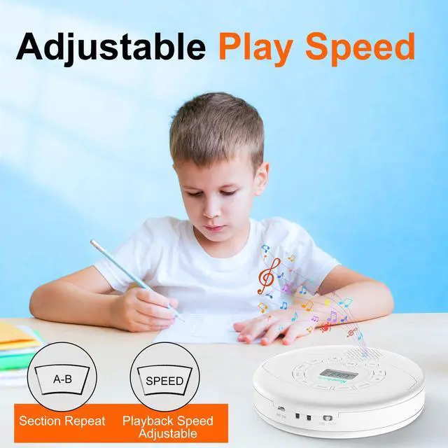 Alt view image 4 of 6 - Portable CD Player with Built-in Speaker: Rechargeable Discman with Headphones - Anti-Skip for Car AUX,USB MP3 playable with Memory for Music/Audiobooks/Travel/Trip/Gift - White