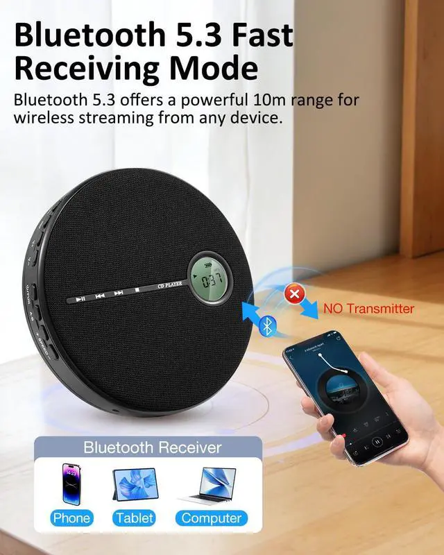 Alt view image 4 of 7 - Portable CD Player Bluetooth, Personal Discman CD Player for Car & Home,Small Fabric Music Player with Anti-Skip Protection, A-B Repeat,10 Speeds,Stereo Speakers,Supports CD/AUX/USB, Black