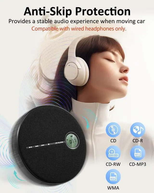 Alt view image 3 of 7 - Portable CD Player Bluetooth, Personal Discman CD Player for Car & Home,Small Fabric Music Player with Anti-Skip Protection, A-B Repeat,10 Speeds,Stereo Speakers,Supports CD/AUX/USB, Black