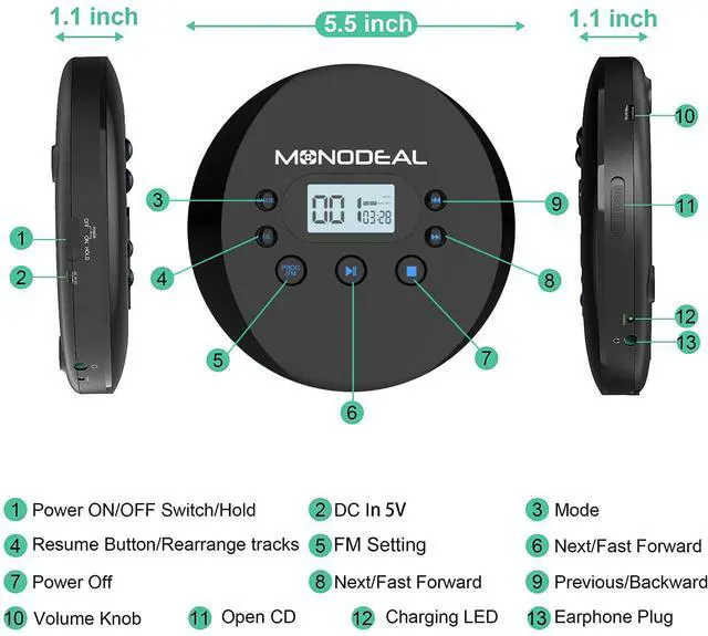 Alt view image 7 of 7 - CD Player Portable, Portable CD Player with FM Transmitter, Rechargeable Player for Car for Home Travel with Anti-Skip Protection Compact Player with Headphones
