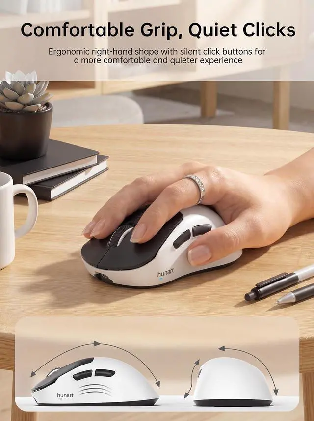Alt view image 4 of 7 - H6 49g Wireless Mouse, Bluetooth & 2.4GHz Rechargeable Mouse, Lightweight Silent Ergonomic Mouse with USB-C Charging, Portable Right-Hand Office Mouse for Laptop, PC, Mac (Black and White)