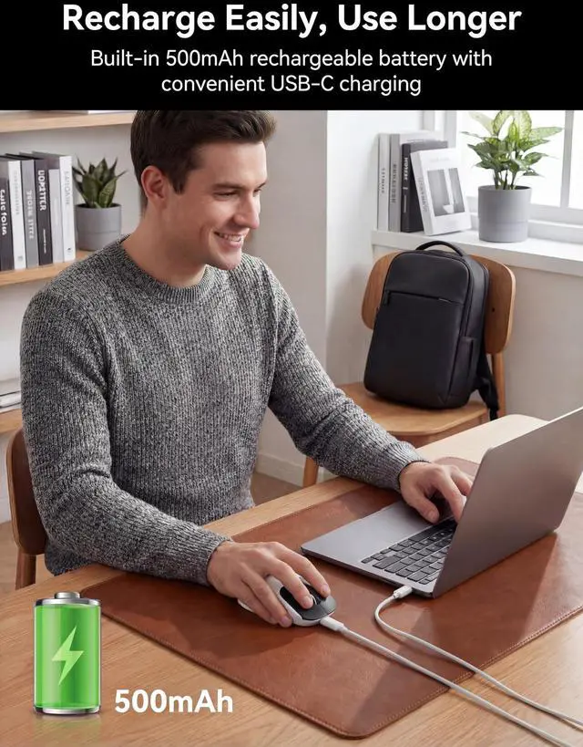 Alt view image 5 of 7 - H6 49g Wireless Mouse, Bluetooth & 2.4GHz Rechargeable Mouse, Lightweight Silent Ergonomic Mouse with USB-C Charging, Portable Right-Hand Office Mouse for Laptop, PC, Mac (Black and White)