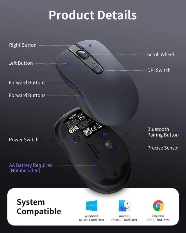 Alt view image 7 of 7 - WL300 Bluetooth Mouse Silent Wireless Mice, Quiet Click, Cordless Computer Mouse with 6 Buttons, Sculpted Grip, Adjustable DPI for Laptop, PC, Mac, 18-Month Battery Life for Work or Travel ( Grey)