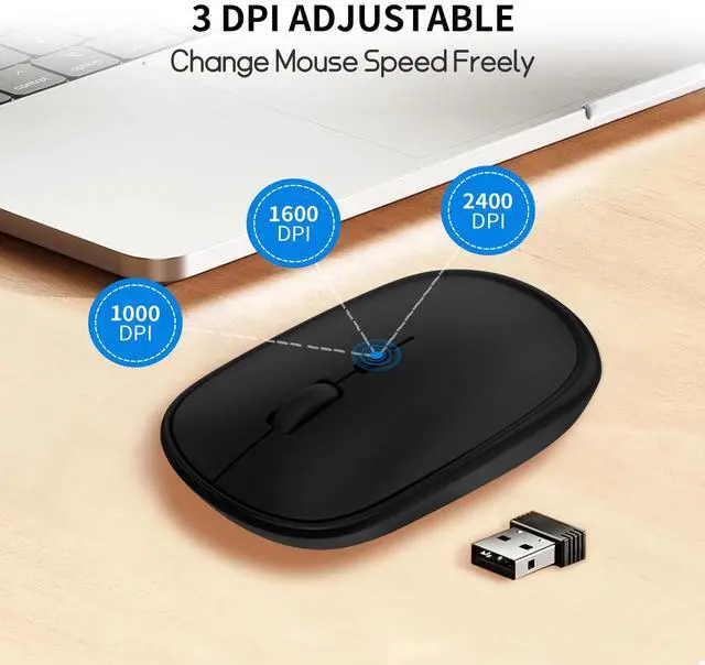 Alt view image 5 of 7 - Small Wireless Mouse, Slim Mini Mouse, Portable Computer Mice with USB Receiver, Quiet Click, 2400 DPI, 2.4GHz Cordless Silent Mice for Laptop PC - Black