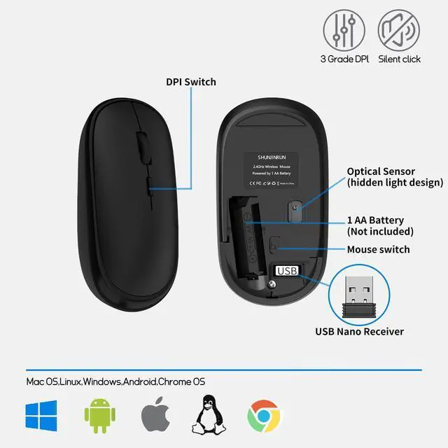 Alt view image 7 of 7 - Small Wireless Mouse, Slim Mini Mouse, Portable Computer Mice with USB Receiver, Quiet Click, 2400 DPI, 2.4GHz Cordless Silent Mice for Laptop PC - Black