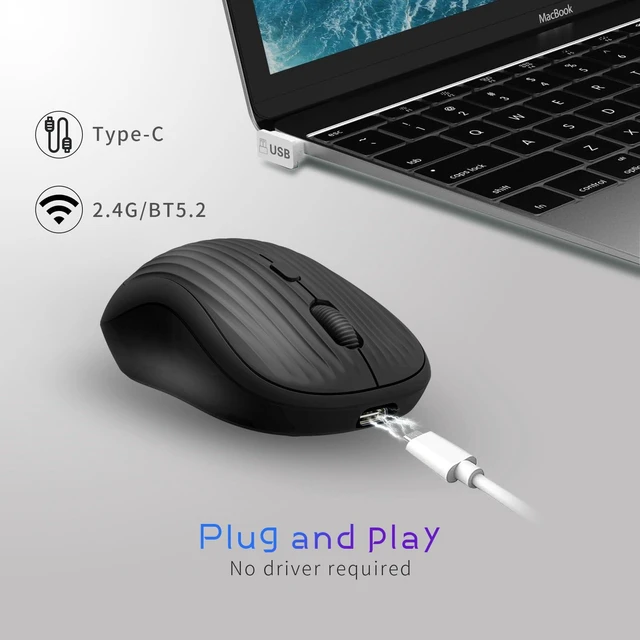 Alt view image 6 of 7 - Wireless Mouse, 2.4G + BT, Rechargeable Battery, 4-Key, DPI: 800/1200/1600, Silent, Type-C, USB Nano Receiver, Ergonomic, Portable, for Laptop, Chromebook, PC, Mac, Windows (Black)