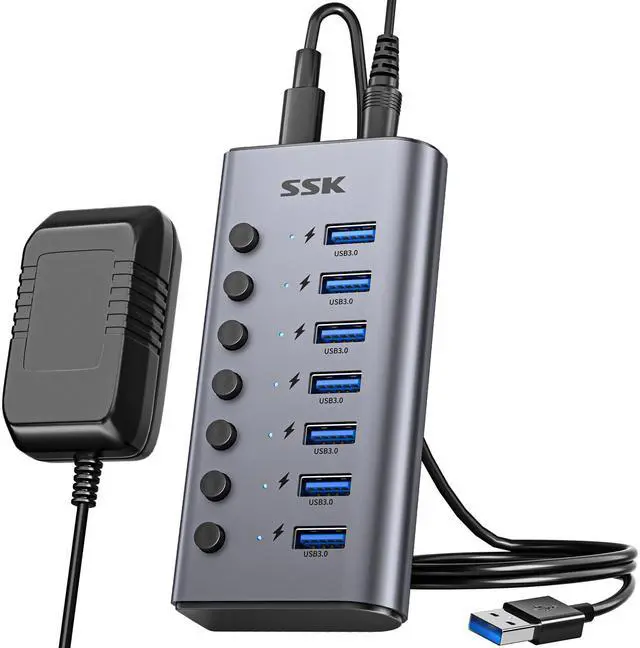 Main image of 7-Port Powered USB 3.0 Hub, Aluminum USB Extension Splitter with Individual Power Switches and LEDs,Thunderbolt 3/4 5Gbps Data USB Charging Hub with DC12V3A Adapter and 3.93ft/1.2m Long Cable