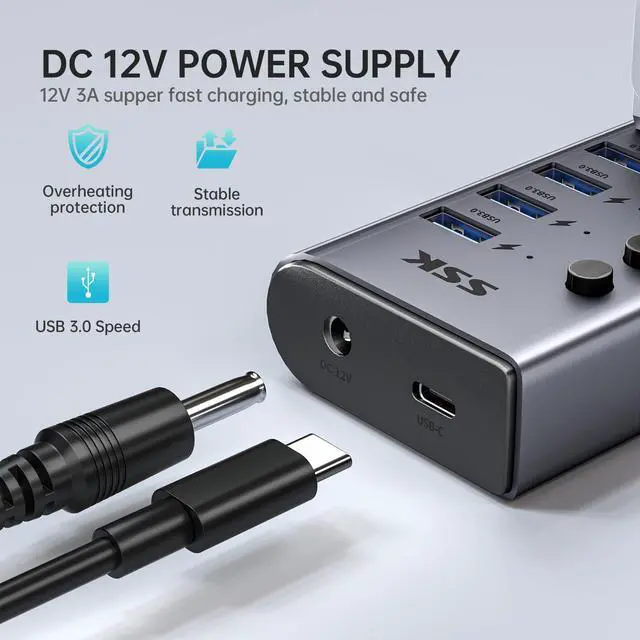 Alt view image 4 of 7 - 7-Port Powered USB 3.0 Hub, Aluminum USB Extension Splitter with Individual Power Switches and LEDs,Thunderbolt 3/4 5Gbps Data USB Charging Hub with DC12V3A Adapter and 3.93ft/1.2m Long Cable