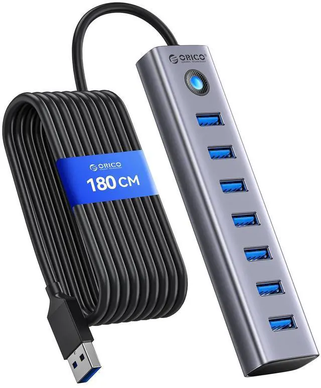 Main image of 7-Port USB 3.0 Hub, Aluminum USB Multiple Adapter, 5Gbps USB Extender USB Splitter with 6Ft Cable, UBS-A Hub Long Cable for Desktop, PC, Flash Drive, Mobile HDD, Windows/XPS