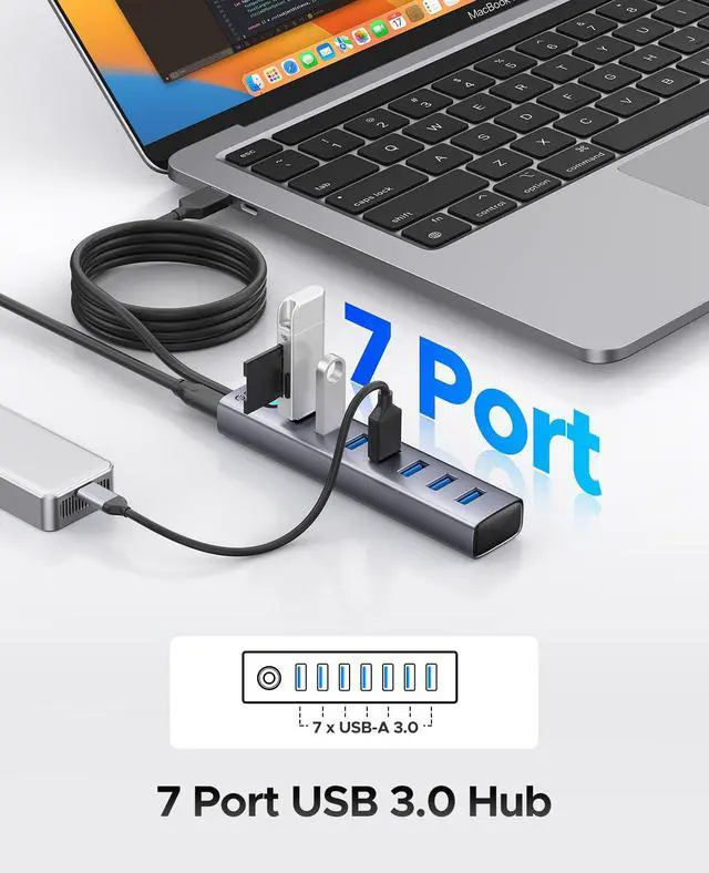 Alt view image 2 of 7 - 7-Port USB 3.0 Hub, Aluminum USB Multiple Adapter, 5Gbps USB Extender USB Splitter with 6Ft Cable, UBS-A Hub Long Cable for Desktop, PC, Flash Drive, Mobile HDD, Windows/XPS
