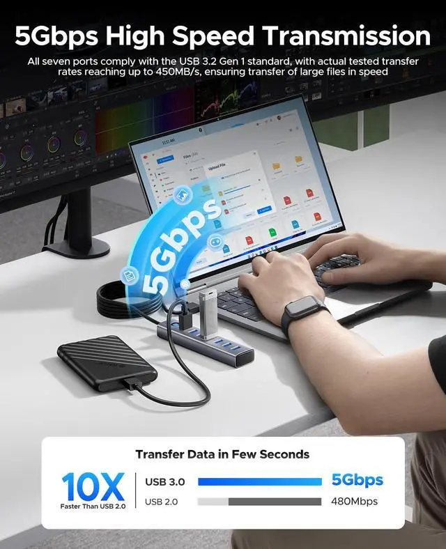 Alt view image 3 of 7 - 7-Port USB 3.0 Hub, Aluminum USB Multiple Adapter, 5Gbps USB Extender USB Splitter with 6Ft Cable, UBS-A Hub Long Cable for Desktop, PC, Flash Drive, Mobile HDD, Windows/XPS