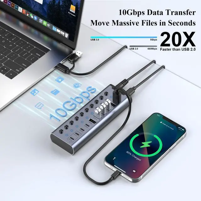 Alt view image 3 of 7 - Powered USB Hub, 10-Port USB C Hub with 5*USB-A 3.2, 2*USB-C 3.2 and BC1.2&2*PD 45W Charging Ports Individual Switches and 24V/3A Power Adapter, USB Extension for MacBook, PC and More.