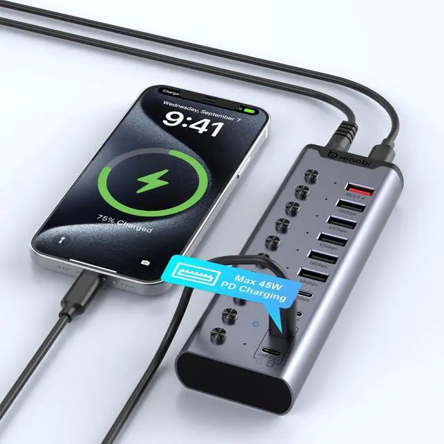 Alt view image 5 of 7 - Powered USB Hub, 10-Port USB C Hub with 5*USB-A 3.2, 2*USB-C 3.2 and BC1.2&2*PD 45W Charging Ports Individual Switches and 24V/3A Power Adapter, USB Extension for MacBook, PC and More.
