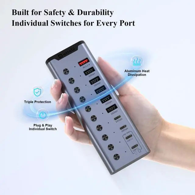 Alt view image 7 of 7 - Powered USB Hub, 10-Port USB C Hub with 5*USB-A 3.2, 2*USB-C 3.2 and BC1.2&2*PD 45W Charging Ports Individual Switches and 24V/3A Power Adapter, USB Extension for MacBook, PC and More.