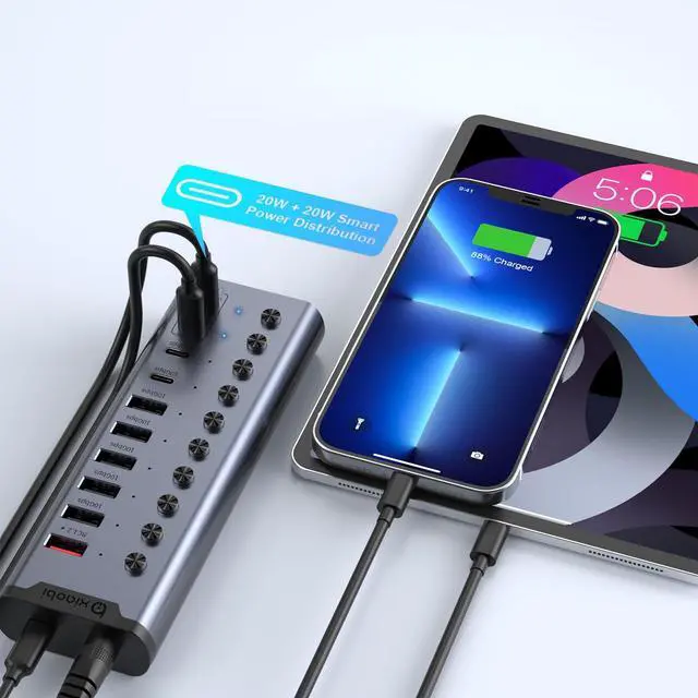 Alt view image 6 of 7 - Powered USB Hub, 10-Port USB C Hub with 5*USB-A 3.2, 2*USB-C 3.2 and BC1.2&2*PD 45W Charging Ports Individual Switches and 24V/3A Power Adapter, USB Extension for MacBook, PC and More.