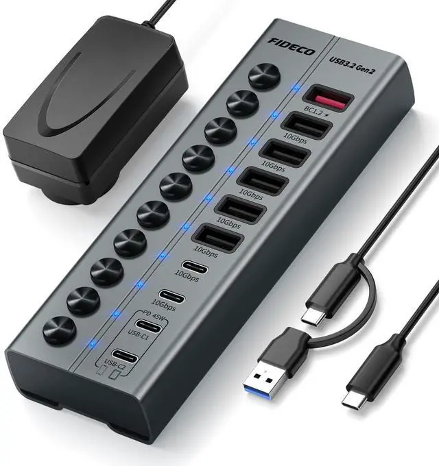Main image of 10-Port 72W Powered USB Hub, USB C Hub with 1 BC1.2, 2 PD 45W Charging Ports, and 7 USB 3.2 Ports (5 USB-A + 2 USB-C), Aluminum 10Gbps USB Hub for Laptop, PC, MacBook, iPhone 17/16/15, Grey