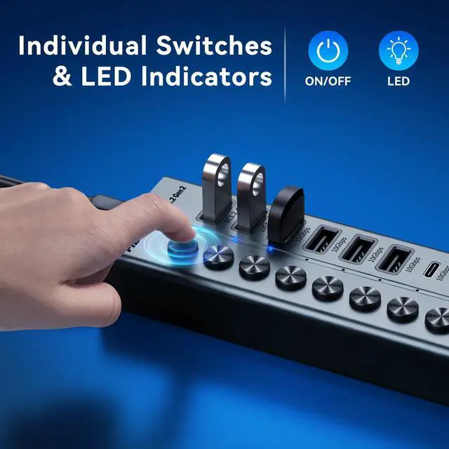 Alt view image 6 of 7 - 10-Port 72W Powered USB Hub, USB C Hub with 1 BC1.2, 2 PD 45W Charging Ports, and 7 USB 3.2 Ports (5 USB-A + 2 USB-C), Aluminum 10Gbps USB Hub for Laptop, PC, MacBook, iPhone 17/16/15, Grey