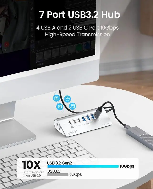 Alt view image 2 of 7 - 7-Port USB 3.2 Gen2 Hub, Powered USB 3.2 Hub with 4 USB-A, 2 USB-C, PD 60W, 72W Power Adapter, 10Gbps Aluminium USB-Splitter with 3.28Ft USB-C to USB-C Cable for iMac, MacBooks, Mac mini