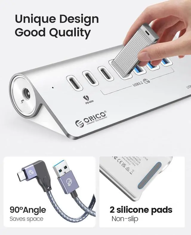 Alt view image 3 of 7 - 7-Port USB 3.2 Gen2 Hub, Powered USB 3.2 Hub with 4 USB-A, 2 USB-C, PD 60W, 72W Power Adapter, 10Gbps Aluminium USB-Splitter with 3.28Ft USB-C to USB-C Cable for iMac, MacBooks, Mac mini