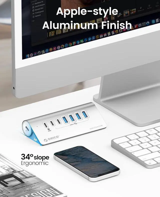 Alt view image 5 of 7 - 7-Port USB 3.2 Gen2 Hub, Powered USB 3.2 Hub with 4 USB-A, 2 USB-C, PD 60W, 72W Power Adapter, 10Gbps Aluminium USB-Splitter with 3.28Ft USB-C to USB-C Cable for iMac, MacBooks, Mac mini