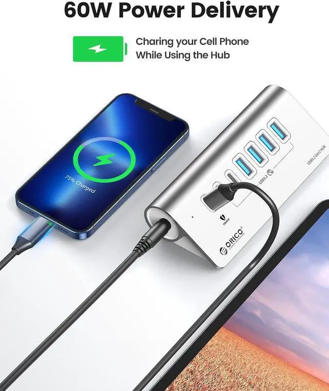 Alt view image 6 of 7 - 7-Port USB 3.2 Gen2 Hub, Powered USB 3.2 Hub with 4 USB-A, 2 USB-C, PD 60W, 72W Power Adapter, 10Gbps Aluminium USB-Splitter with 3.28Ft USB-C to USB-C Cable for iMac, MacBooks, Mac mini