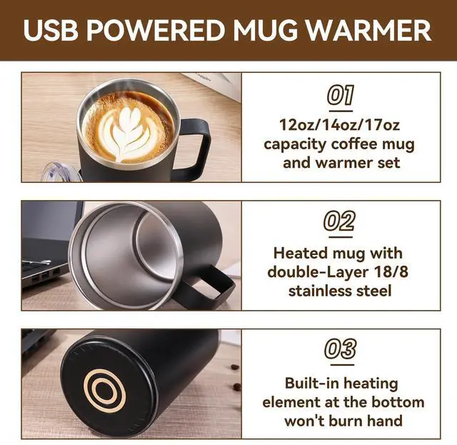 Alt view image 7 of 7 - Coffee Warmer Mug Set for Desk, Self Heating Coffee Cup with Lid, USB Electric Coffee Mug with Temperature Control(Black-14oz)