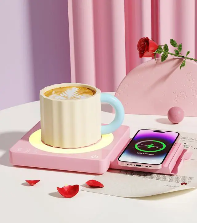 Main image of Coffee Mug Warmer for Desk with 15W Wireless Charging Pad, Electric Cup Warmer 3 Temp Settings, Smart Candle Heat Plate, Home Office & Coffee Lover Gifts for Women, Mom, Her - Pink