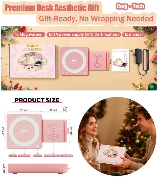 Alt view image 6 of 7 - Coffee Mug Warmer for Desk with 15W Wireless Charging Pad, Electric Cup Warmer 3 Temp Settings, Smart Candle Heat Plate, Home Office & Coffee Lover Gifts for Women, Mom, Her - Pink