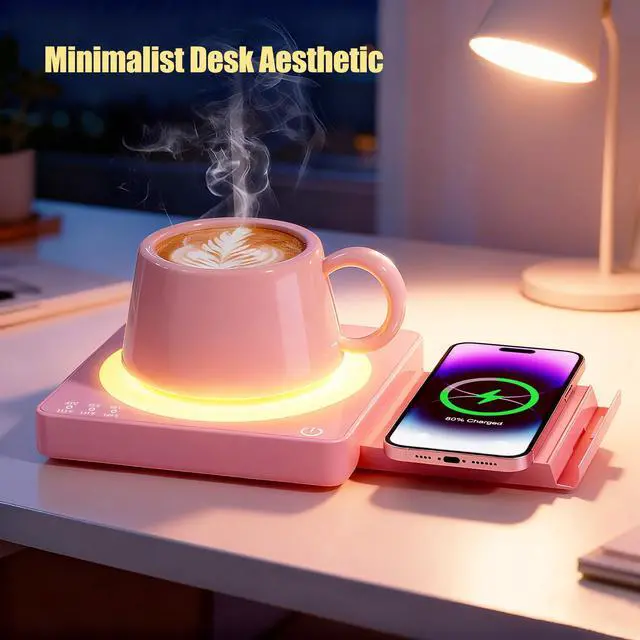 Alt view image 2 of 7 - Coffee Mug Warmer for Desk with 15W Wireless Charging Pad, Electric Cup Warmer 3 Temp Settings, Smart Candle Heat Plate, Home Office & Coffee Lover Gifts for Women, Mom, Her - Pink