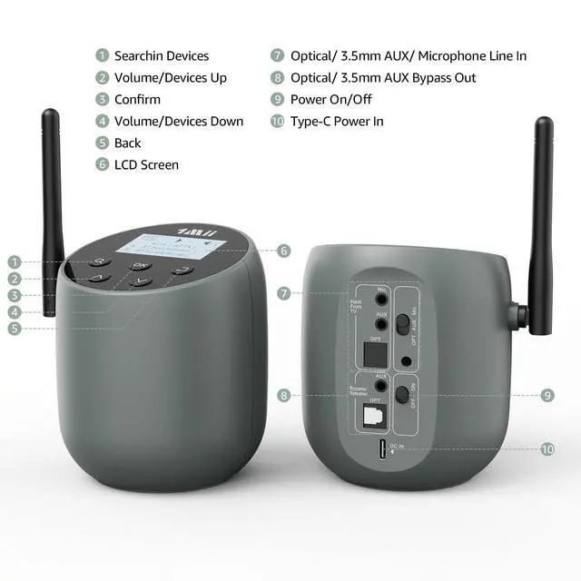 Alt view image 7 of 7 - DS70 Bluetooth 5.3 Transmitter for TV to 2 Wireless Headphones/Speakers, aptX Adaptive/HD/LL, Long Range Wireless Audio Adapter with LCD Display, Optical AUX RCA Bypass and Mic Input