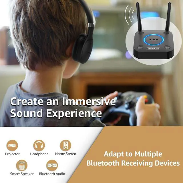 Alt view image 4 of 7 - B06TX Bluetooth 5.3 Transmitter for TV to Wireless Headphone/Speaker, Bluetooth Adapter for TV w/Volume Control, AUX/RCA/Optical/Coaxial Audio Inputs, Plug n Play, aptX Low Latency & HD