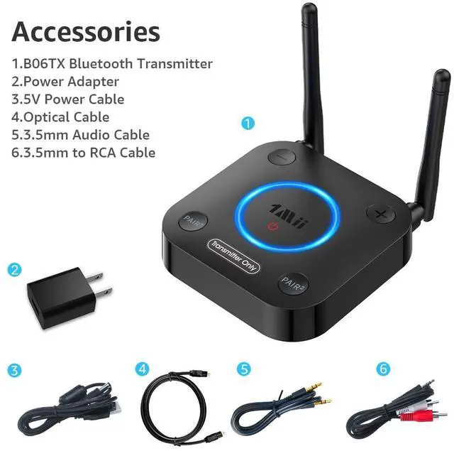 Alt view image 7 of 7 - B06TX Bluetooth 5.3 Transmitter for TV to Wireless Headphone/Speaker, Bluetooth Adapter for TV w/Volume Control, AUX/RCA/Optical/Coaxial Audio Inputs, Plug n Play, aptX Low Latency & HD