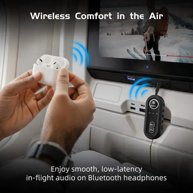 Alt view image 4 of 7 - 2026 Upgraded Bluetooth 5.4 Transmitter Receiver, Airplane Bluetooth Adapter, Wireless Transmitter Supports 2 AirPods/Headphones, Wireless Audio Transmitter for TV, Travel, Car & Gym, Cable Storage