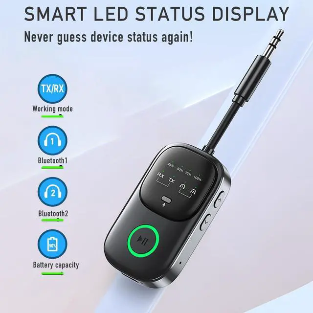 Alt view image 2 of 7 - Bluetooth 5.4 Transmitter Receiver, 2-in-1 Wireless Audio Adapter for Airplane, TV, Car & Home Stereo, Connect 2 AirPods or Headphones, 3.5mm AUX Bluetooth Adapter with LED Display & Mic